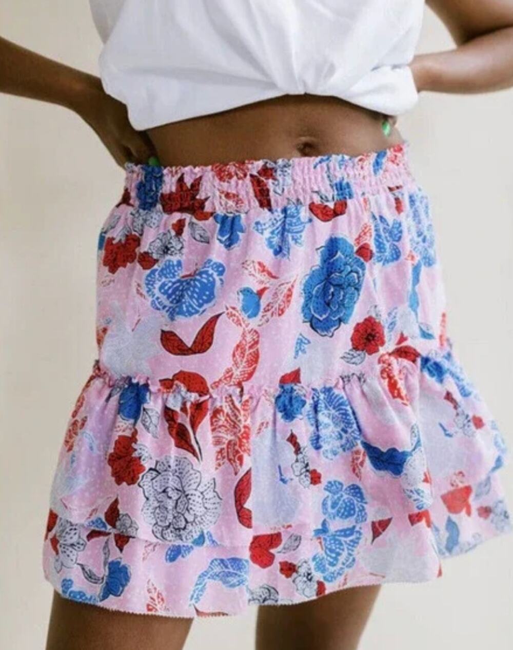 BB Dakota Steve Madden Skirt M Pink Blue Floral Tiered Ruffle First Class Mini